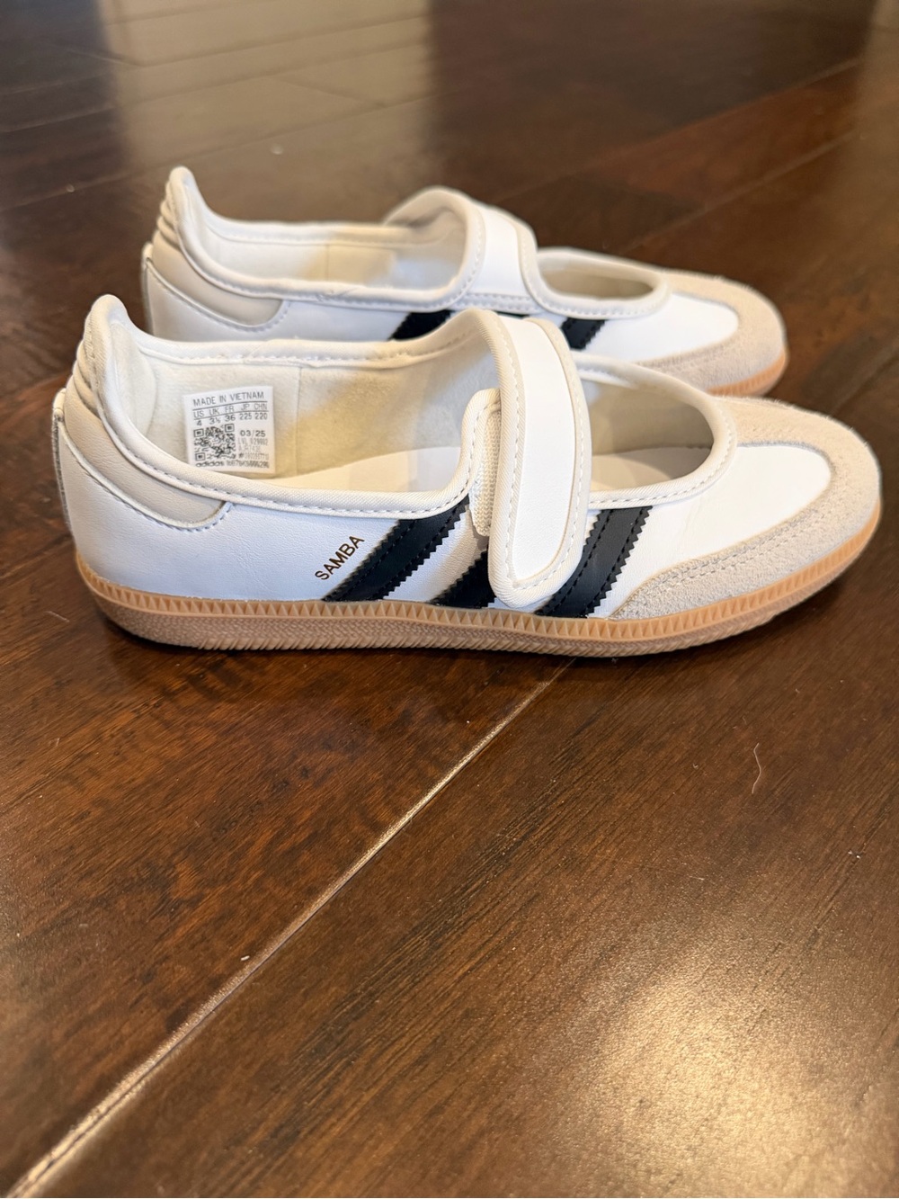 adidas Kids White Samba Mary-Jane Sneakers with Black Stripes